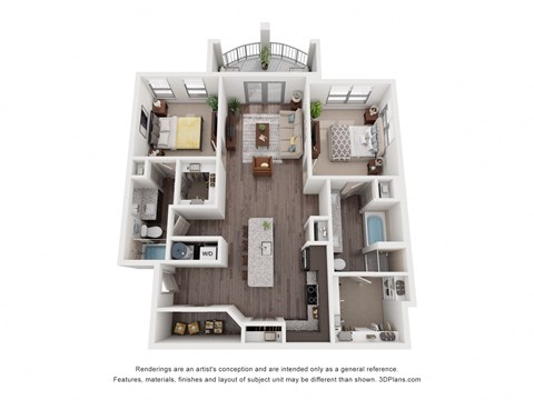 Floor plan for 2 beds, 2 baths, 1182 sqft